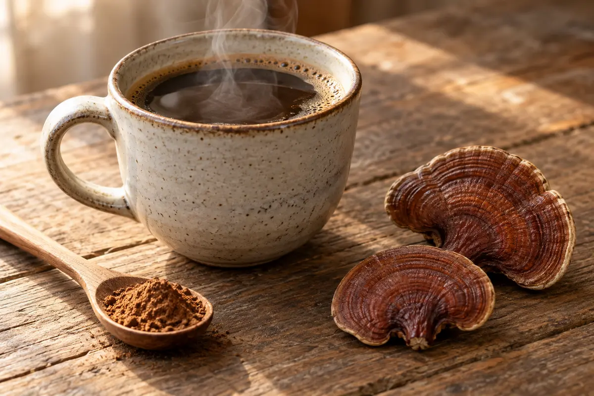 Le café aux champignons est présenté comme une boisson à examiner pour sa composition, sa caféine et les preuves de ses éventuels effets.