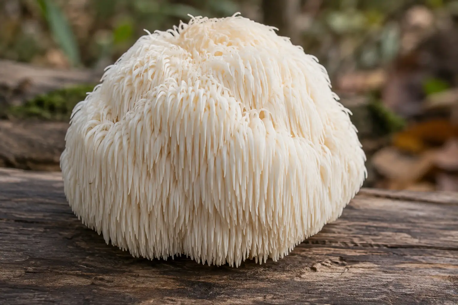 Champignon hérisson blanc poussant sur un tronc dans une forêt