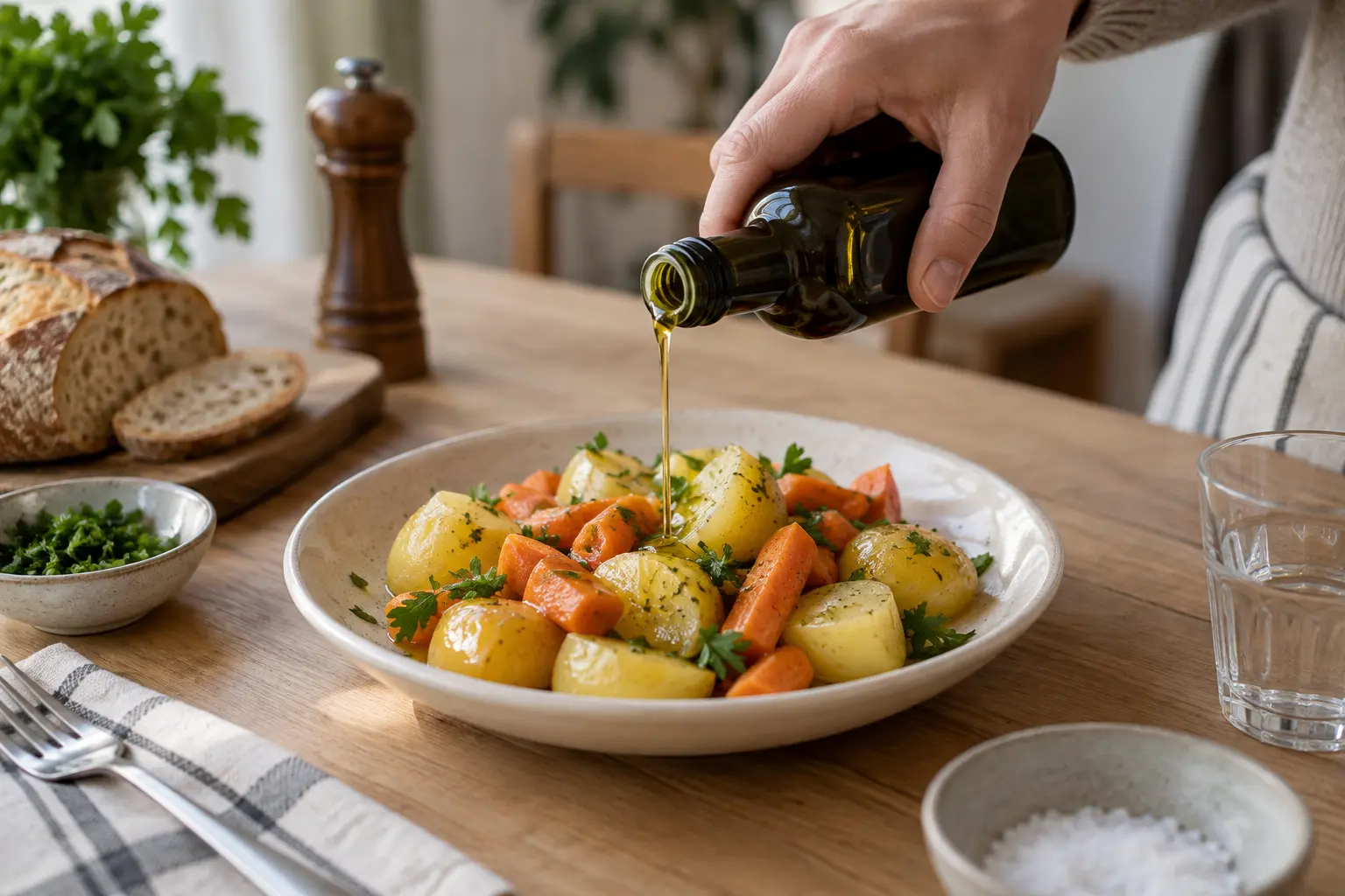 Main versant de l’huile sur une salade de tomates, concombre et jeunes pousses