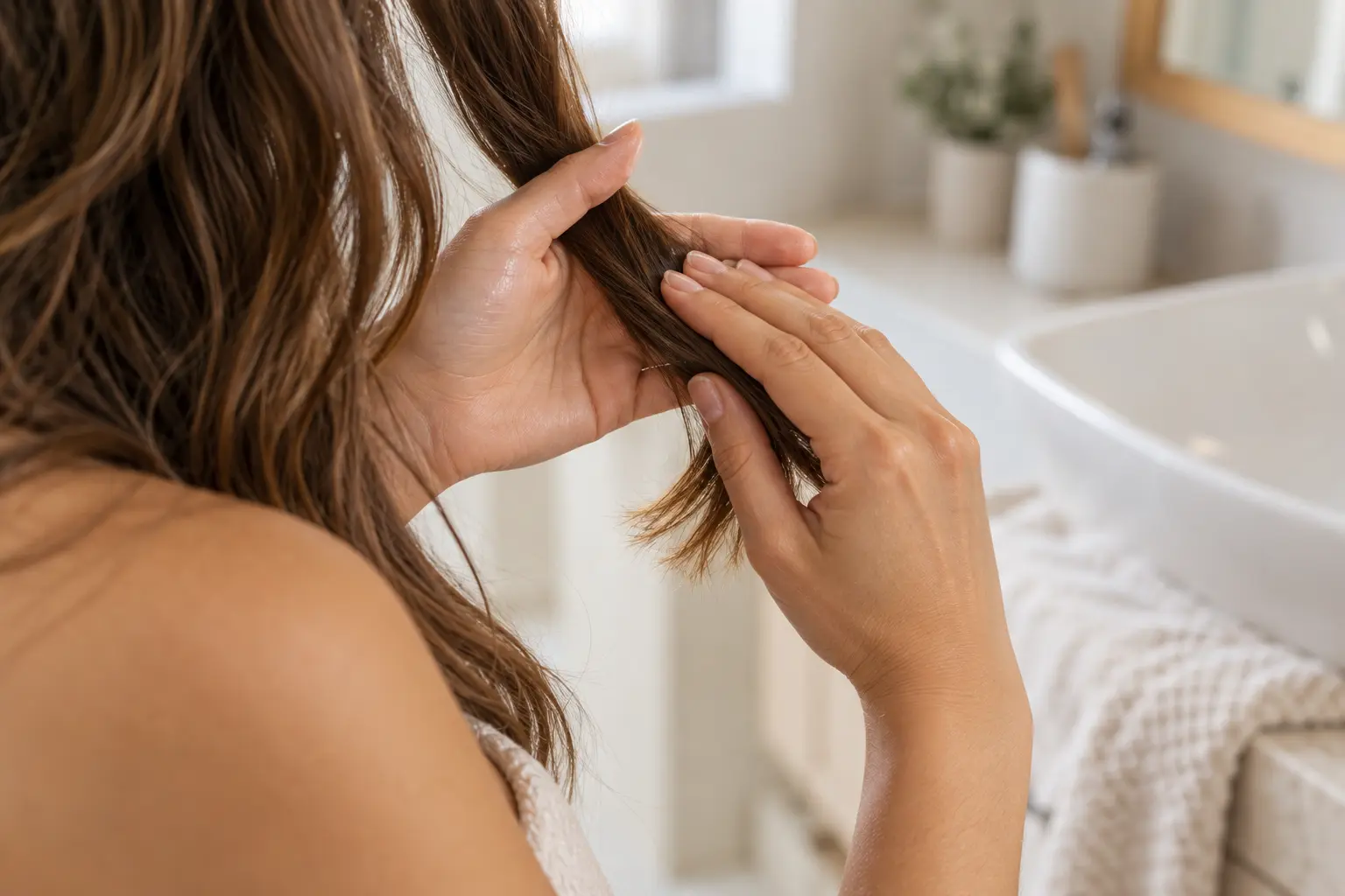 Femme aux cheveux mouillés tenant ses pointes entre les mains