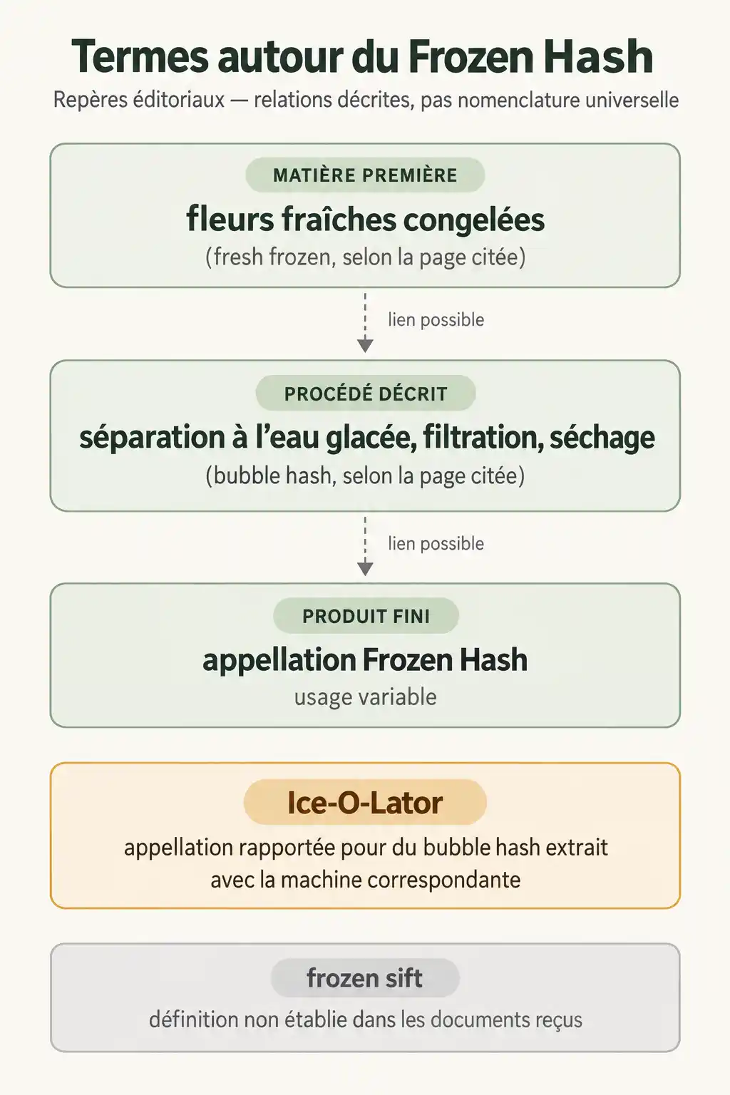 Schéma éditorial vertical présentant la matière première, le procédé et le produit fini associés au Frozen Hash, avec des encarts sur Ice-O-Lator et frozen sift.