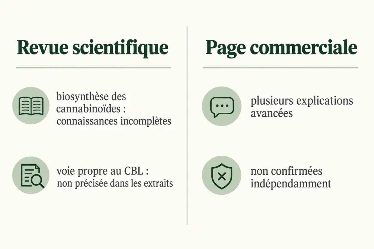 Les connaissances générales sur la biosynthèse des cannabinoïdes restent incomplètes ; la voie de formation propre au CBL n’est pas précisée.