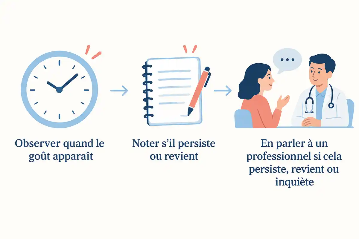 Observer l’apparition du goût, noter s’il persiste ou revient, puis en parler à un professionnel si cela inquiète.