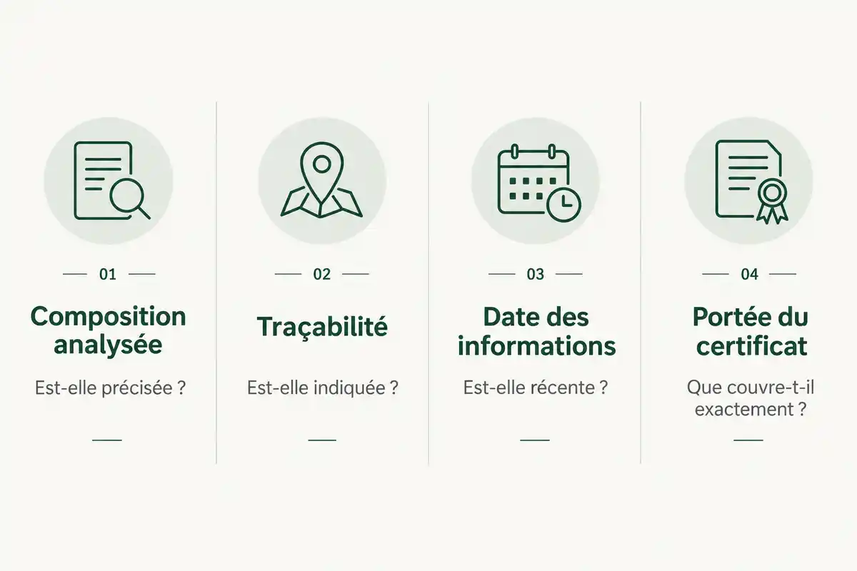 Composition, traçabilité, date et portée du certificat aident à examiner les affirmations d’une offre sans établir la sécurité du produit.