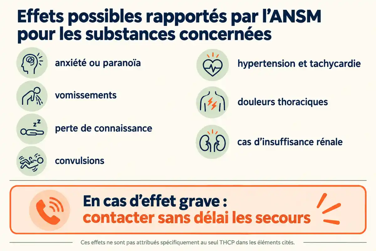 Effets indésirables signalés pour plusieurs cannabinoïdes et consigne de contacter les secours sans délai en cas d’effet grave.