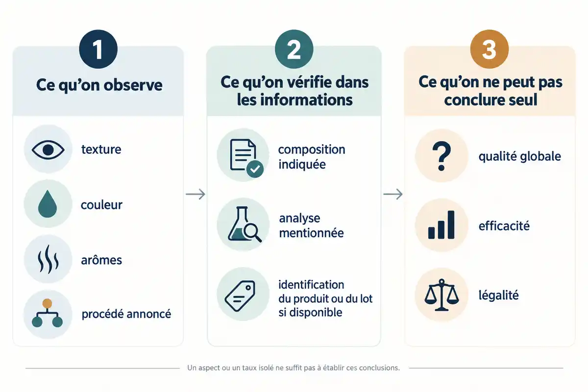 L’aspect et le taux déclaré décrivent des repères, tandis que composition et analyse sont à vérifier ; ils ne suffisent pas à conclure sur la qualité ou l’efficacité.