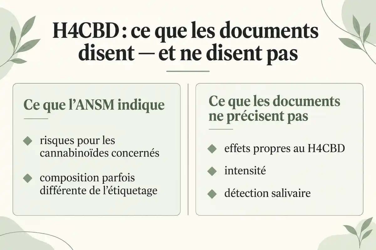 Les alertes de l’ANSM sur certains cannabinoïdes ne précisent ni les effets propres au H4CBD, ni leur fréquence ou intensité.