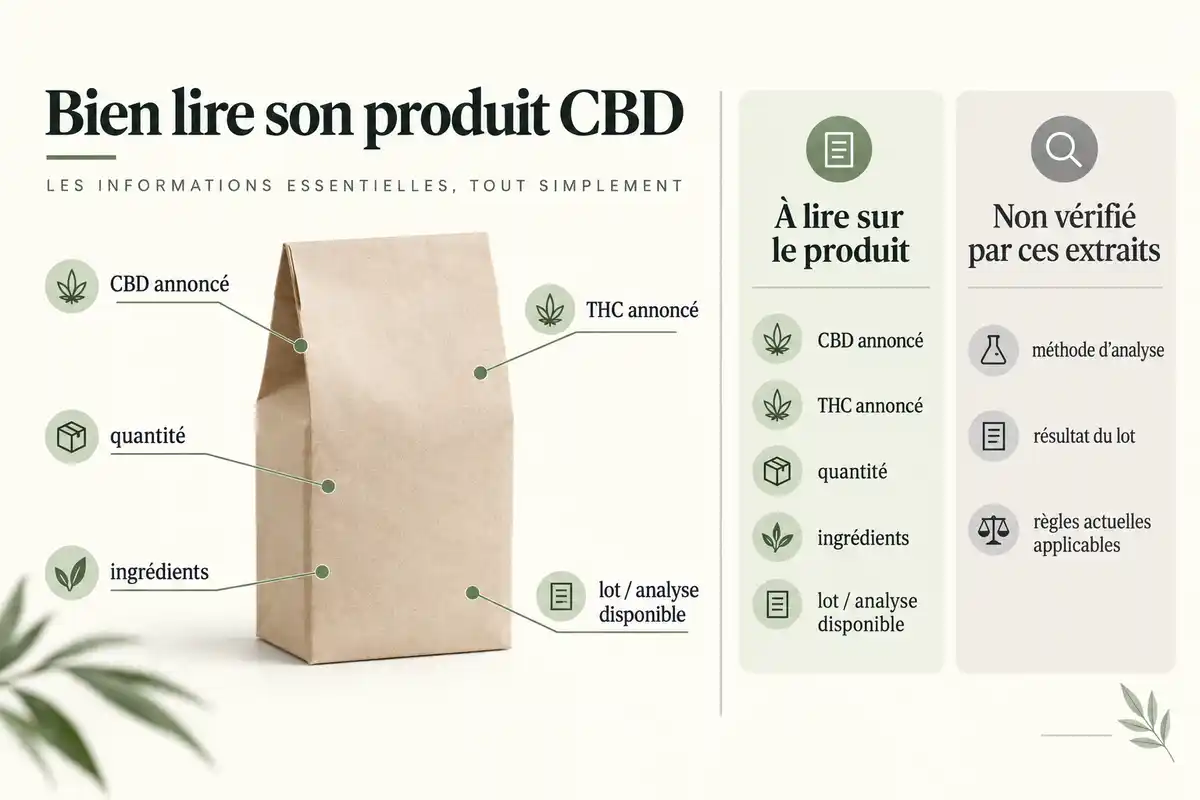 Les mentions de CBD, THC, quantité, ingrédients et lot aident à examiner un produit, tandis que méthode, résultat d’analyse et règles restent non vérifiés ici.