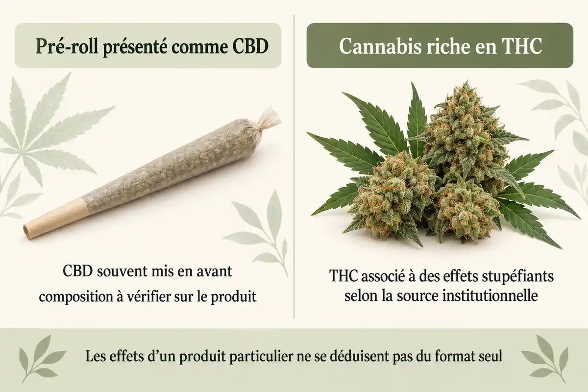 Le pré-roll décrit un format, tandis que CBD et THC distinguent les compositions évoquées ; l’étiquette reste nécessaire pour examiner un produit précis.