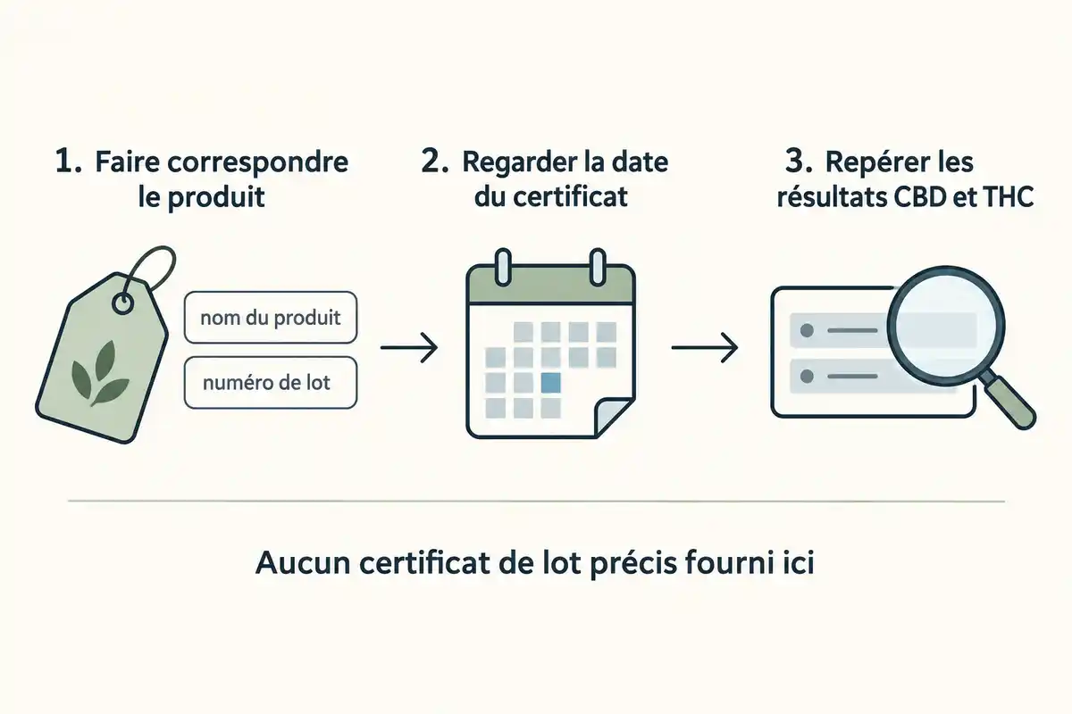 Relier le certificat au produit et à son lot, vérifier sa date et repérer les résultats CBD et THC aide à lire l’analyse, sans confirmer un lot précis.