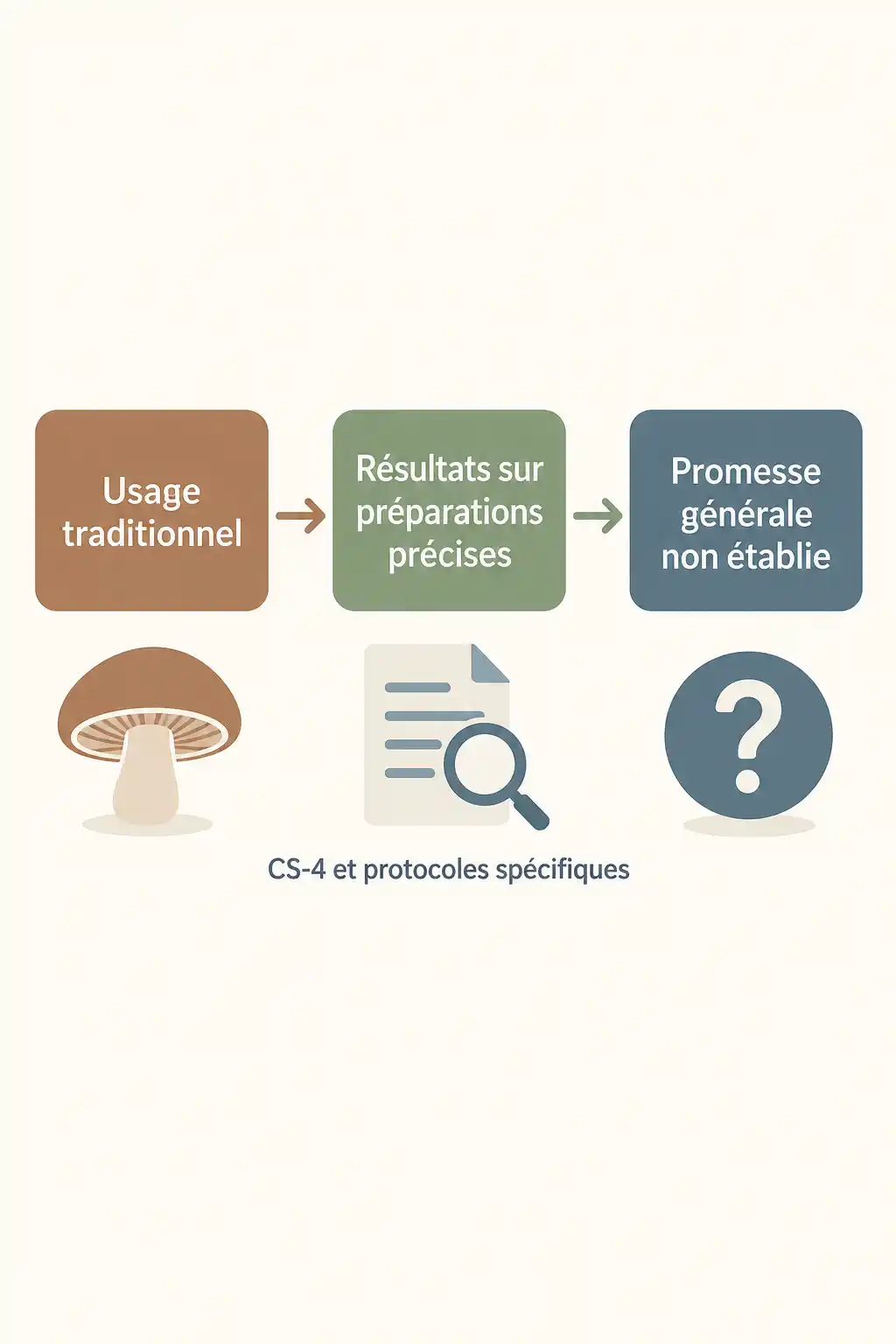 Infographie verticale minimaliste montrant trois blocs reliés par des flèches : « Usage traditionnel », « Résultats sur préparations précises » et « Promesse générale non établie », avec des icônes de champignon, de document avec loupe et de point d’interrogation.