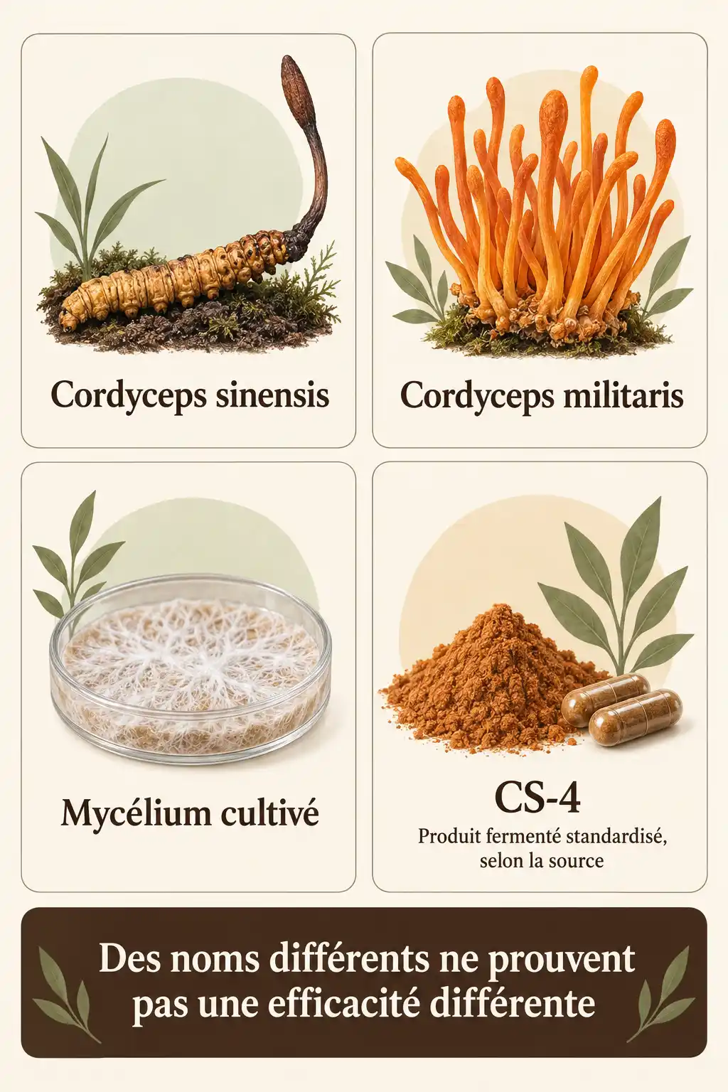 Infographie verticale en français présentant quatre formes de cordyceps : Cordyceps sinensis, Cordyceps militaris, mycélium cultivé et CS-4, avec illustrations botaniques et un bandeau conclusif en bas.