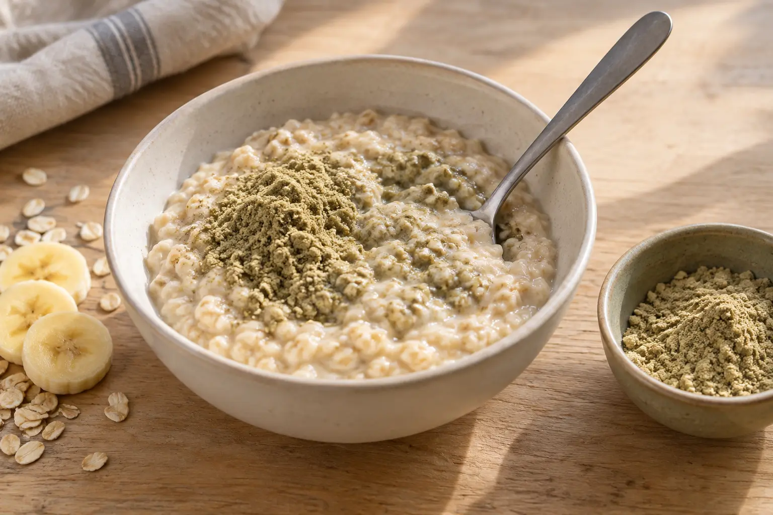 Bol de porridge Ă la banane garni de poudre verte et de flocons dâavoine