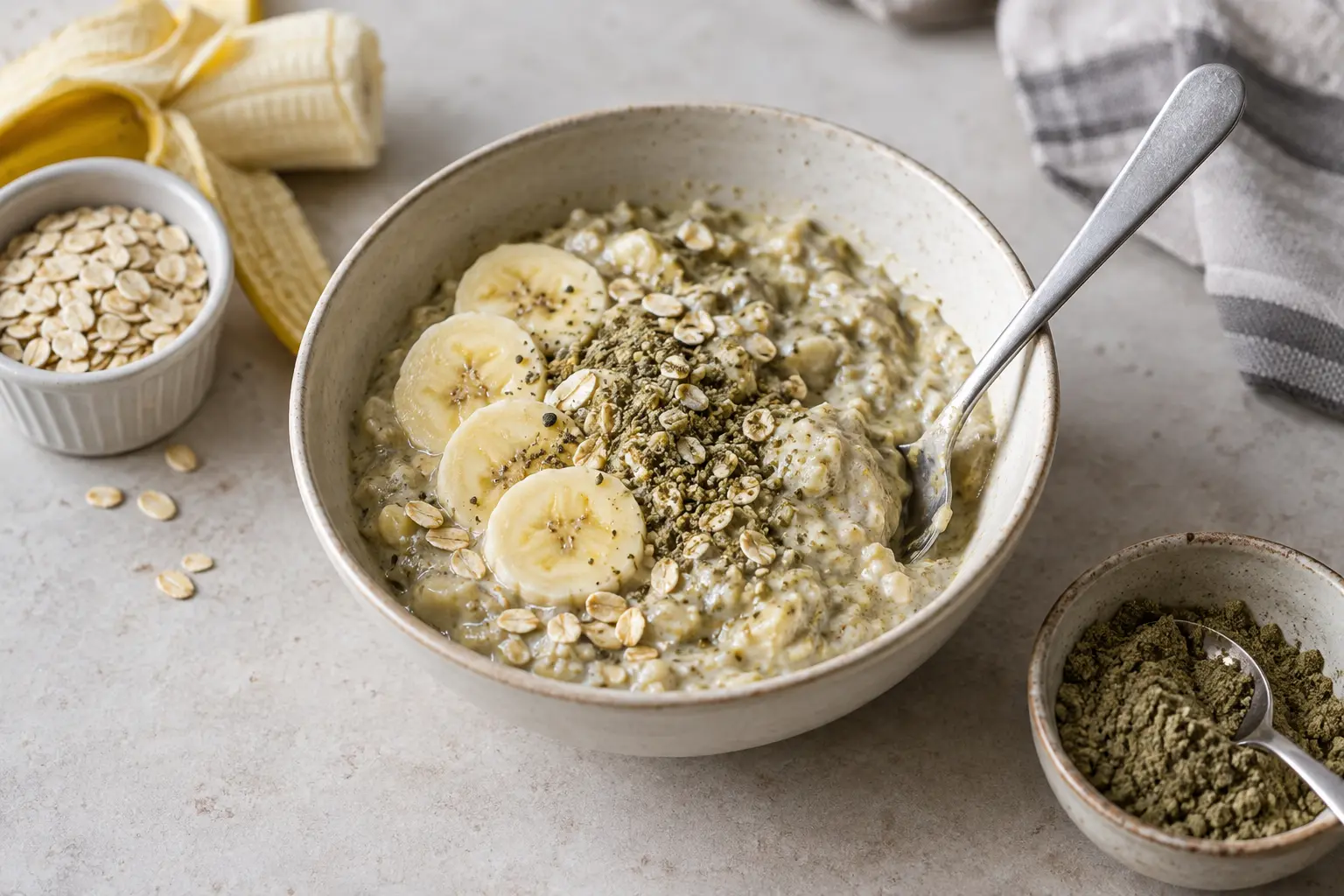 Porridge à la banane avec flocons d’avoine et poudre verte