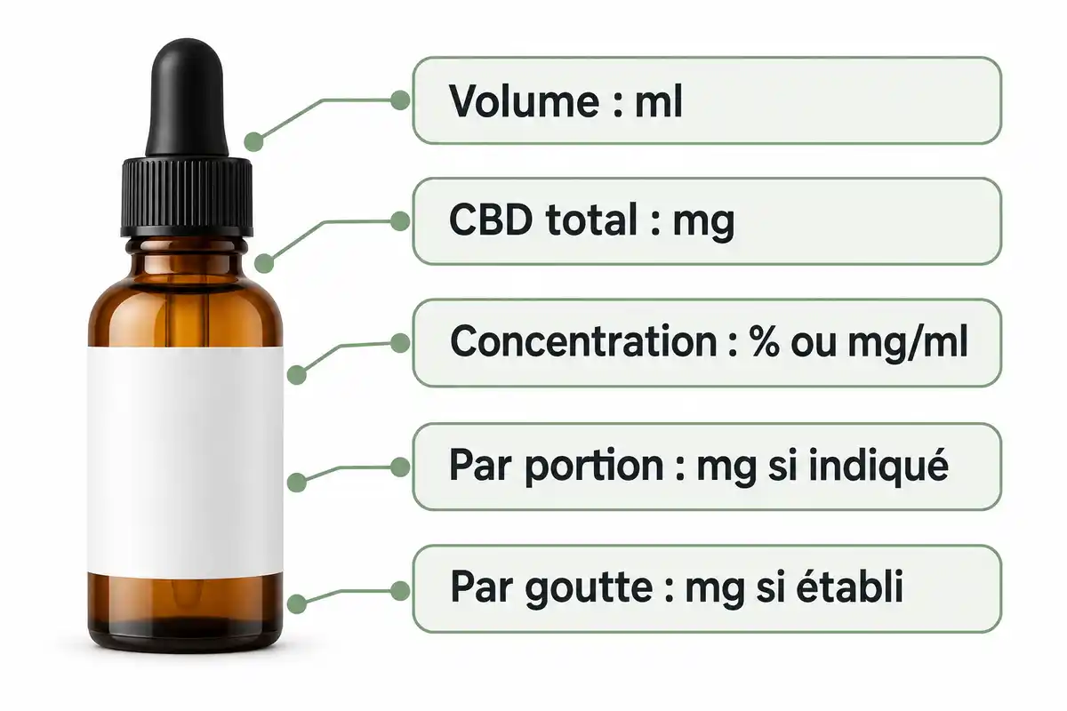 Les ml indiquent le volume du flacon, les mg le CBD total et la concentration ou la portion une quantité différente.