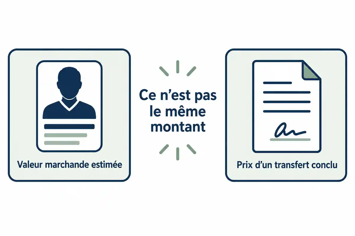 Une valeur marchande estimĂ©e ne confirme ni offre ni accord ; le prix dĂ©signe le montant convenu lors dâun transfert conclu.
