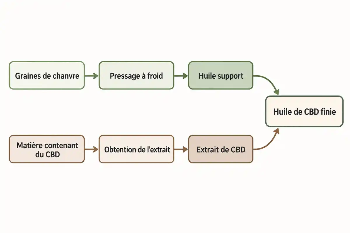 Lâhuile de graines pressĂ©e Ă froid et lâextrait de CBD suivent des parcours distincts avant de se rejoindre dans lâhuile formulĂ©e.