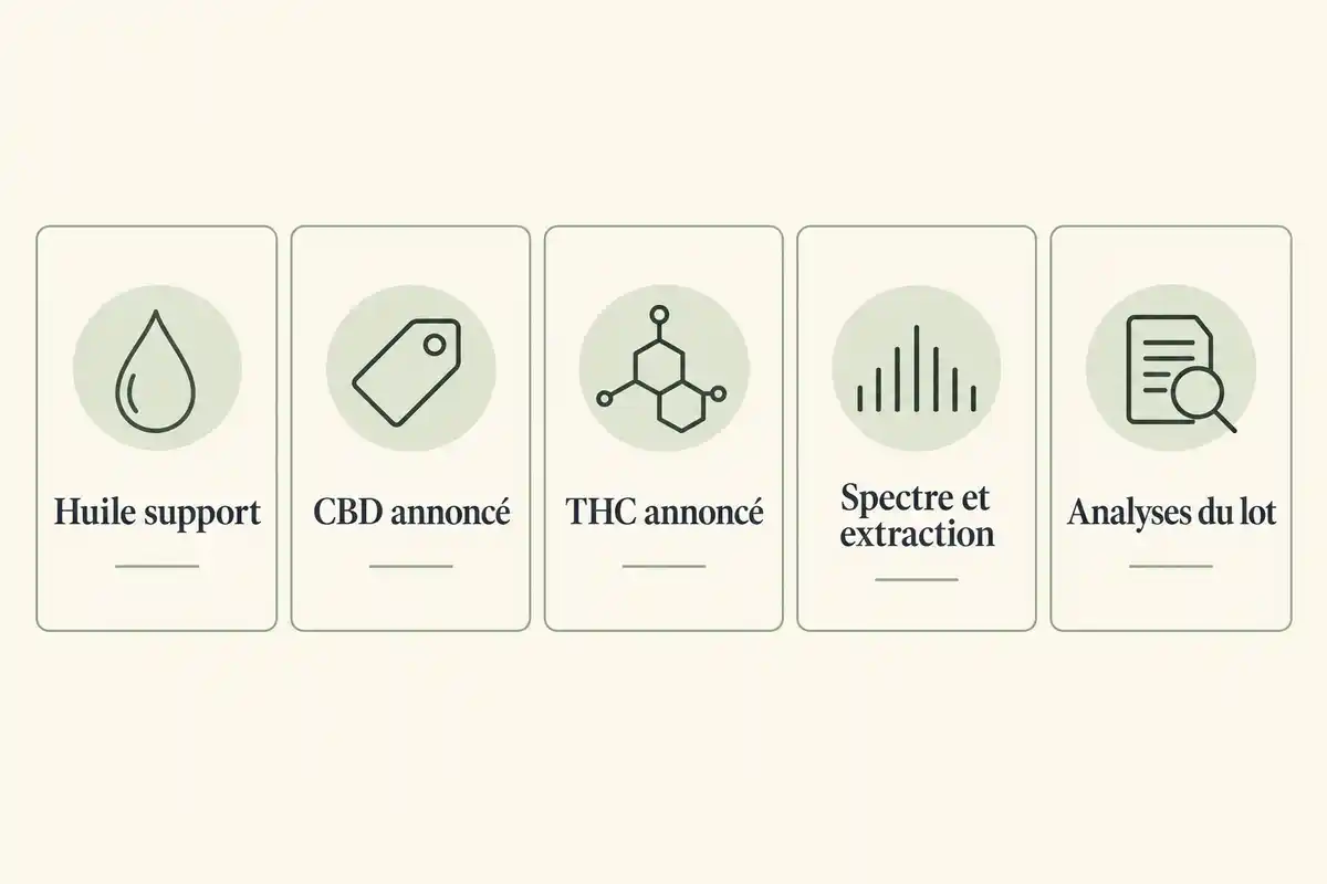 Pour comparer des huiles, vĂ©rifiez lâhuile support, le CBD et le THC annoncĂ©s, le spectre, lâextraction et les analyses du lot.