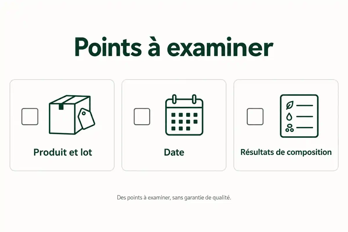 Relier une analyse à l’offre examinée suppose de vérifier l’identification du produit et du lot, la date et les résultats de composition.