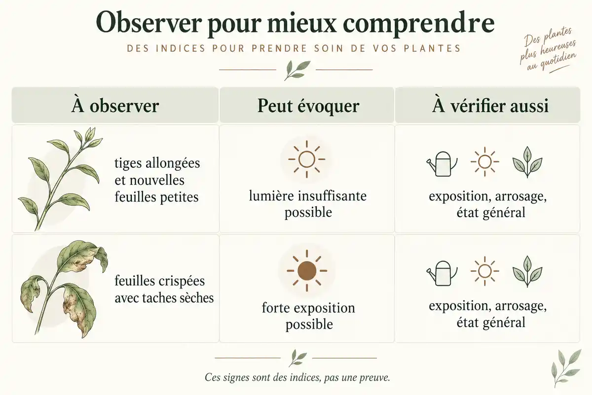 Des tiges allongées ou des feuilles crispées peuvent évoquer un éclairage inadapté ; l’exposition, l’arrosage et l’état général restent à vérifier.